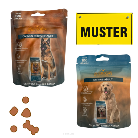 Muster Hundefutter Trockenfutter Divinus Perfomance i Divinus Adult 2x100gr