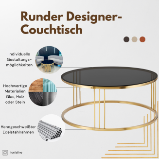 Designer-Couchtisch rund – Glam Round Gold mit schwarzer Glasplatte & Edelstahlgestell - 2