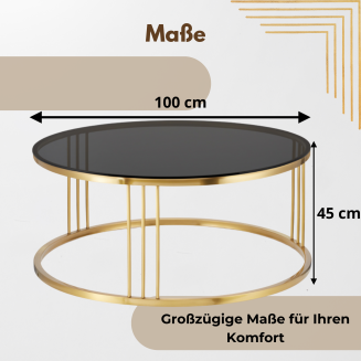 Designer-Couchtisch rund – Glam Round Gold mit schwarzer Glasplatte & Edelstahlgestell - 4